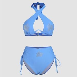 Cider Blue Halter Rhinestone High Rise Bikini Set